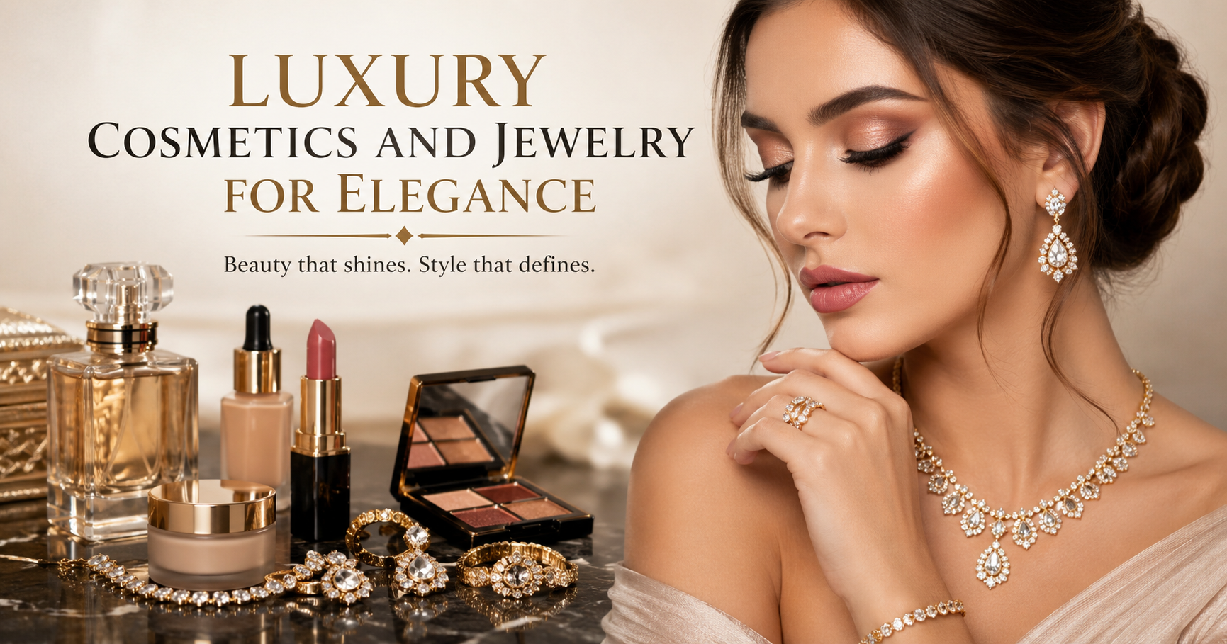 Elegant Cosmetics and jewelry luxury beauty featured image with makeup and diamond accessories.
